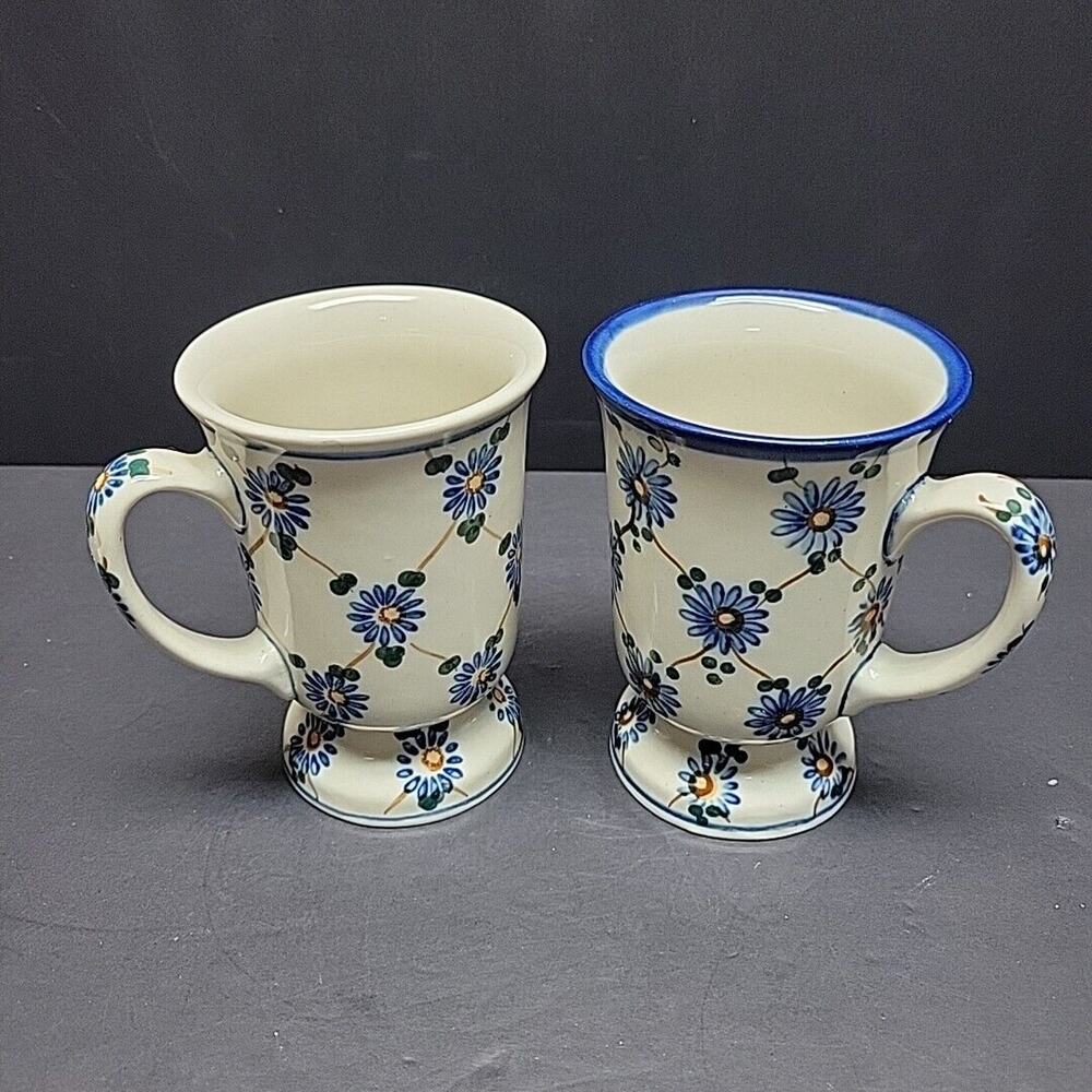 2 Boleslawiec Polish Pottery Pedestal Mug Handmade Vintage Blue Floral Handpaint